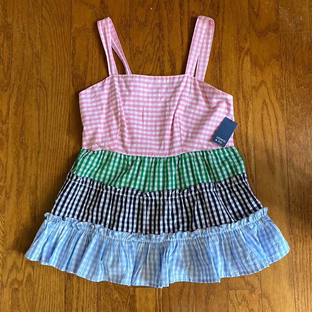 crown & ivy Pink, Green, Black, and Blue Gingham Tank Top
